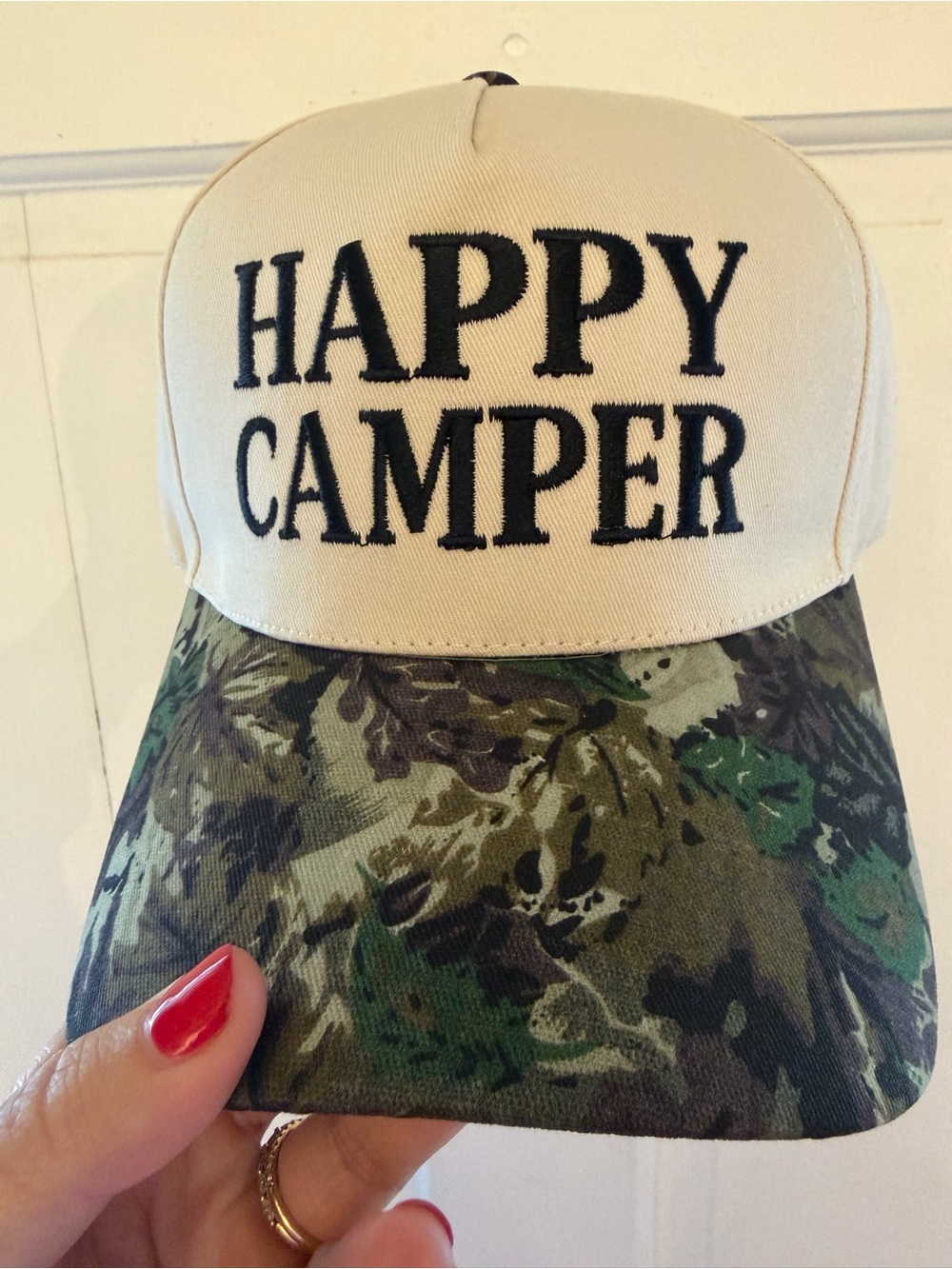 Happy Camper Embroidered  Hat - Cream & Camo